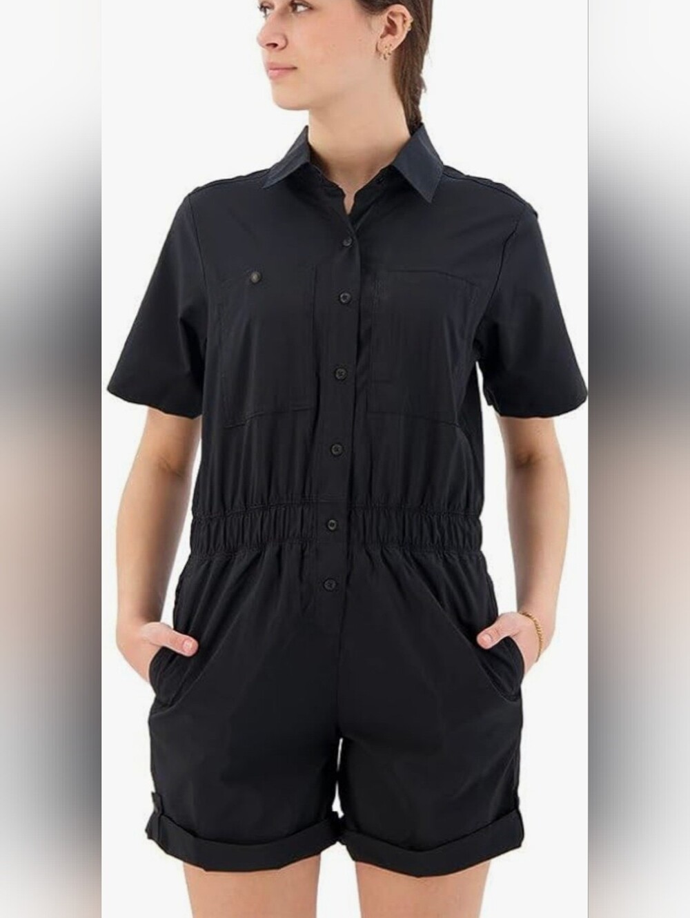 Columbia Black Short-Sleeve Button-Front Jumpsuit